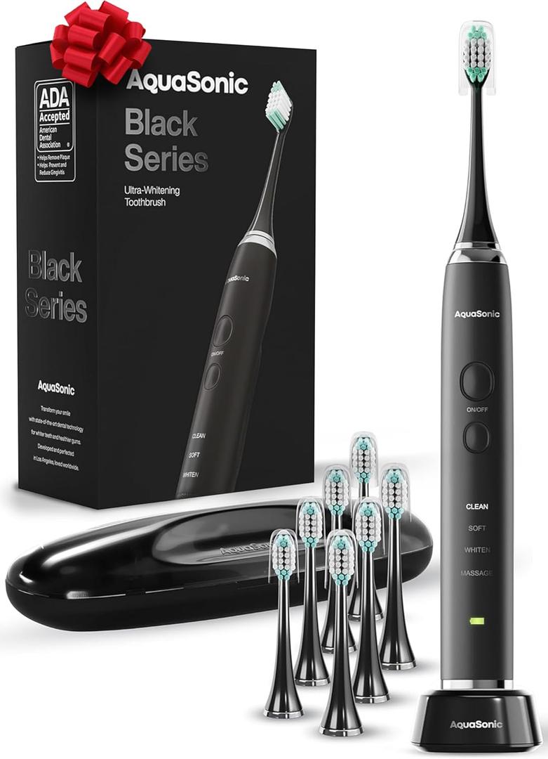 Aquasonic Black Series Ultra Whitening Toothbrush ADA Accepted Electric Toothbrush- 8 Brush Heads & Travel Case 40,000 VPM Electric Motor & Wireless Charging - 4 Modes w Smart Timer (1 Count (Pack of 1)