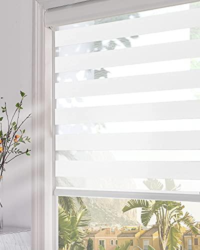 Persilux Zebra Blinds Dual Layer Roller Sheer Shades (36" W X 64" H, White) Room Darkening Light Filtering Privacy for Day and Night Roller Window Shades for Windows, Home and Office