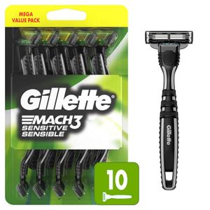 Gillette Mach3 Sensitive Razors for Men, Mens Disposable Razors, Pivoting Head for Close and Comfortable Shave, 10 Count