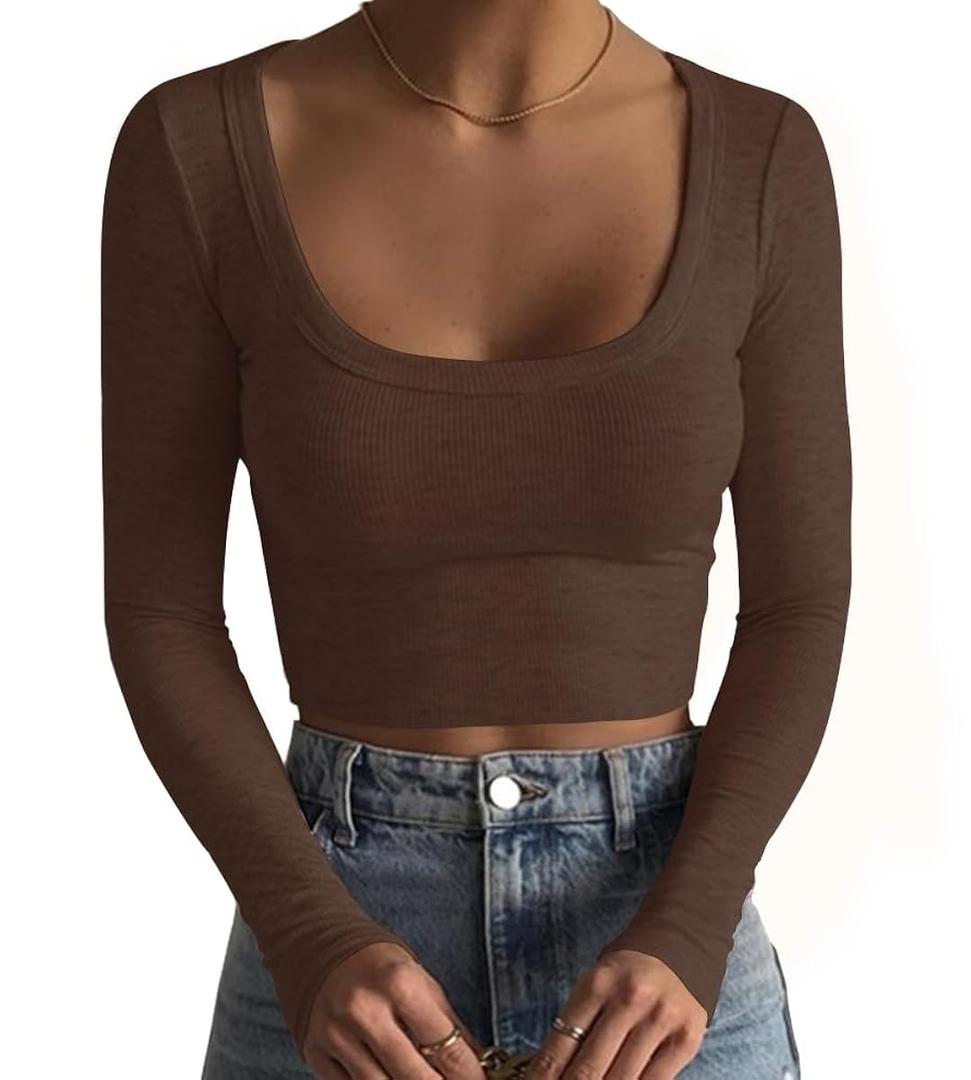 Artfish Women's Square Neck Long Sleeve Ribbed Slim Fitted Casual Basic Crop Top Chocolate Brown S