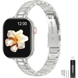 MioHHR Thin Metal Bands Compatible with Apple Watch Band Ultra3/2/1 Series 11 10 9 8 7 6 5 4 3 2 1 SE3/2/1,Slim Narrow Stainless Steel Strap for Women iWatch 49mm 46mm 45mm 44mm 42mm 41mm 40mm 38mm (Starlight Silver)
