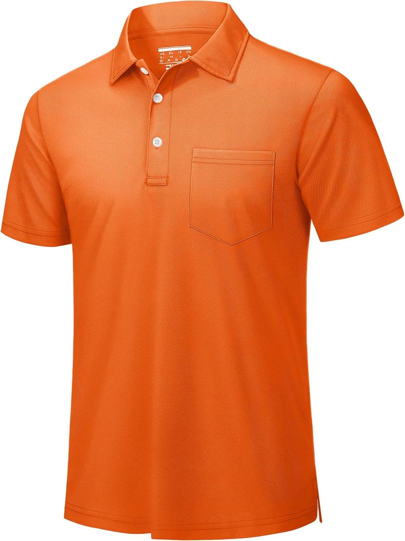 TACVASEN Mens Polo Shirts with Pocket Mens Golf Shirt Short Sleeve Performance Dry Fit Golf Work Athletic Polos (Large, Orange)