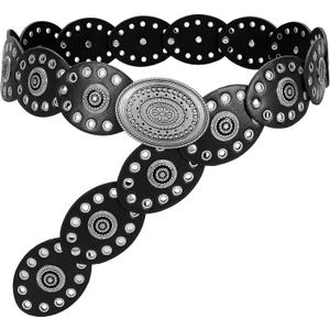 WHIPPY Women Disc Concho Leather Belt Western Cowgirl Wide Belt Vintage Boho Country Oval Waist Belt for Music Festival Dress (Fit Waist Size Up to 33", Black)