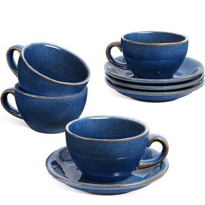 LE TAUCI 6 oz Cappuccino Cups with Saucers, Set of 4 Ceramic Coffee Cup and Saucer Set for Latte, Au Lait, Flat White, Mocha, Tea, Embossed Coffee Cups, Ceylon Blue