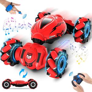RC Car Toys for Boys Girls 6-12, Birthday Xmas Gifts for 6 7 8 9 10 11 12 Years Old, Gesture Sensing RC Stunt Car with Lights Music 2.4GHz 4WD Hand Remote Control 360 Rotate All-Round Drift (Red-black)
