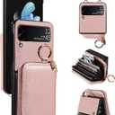 Wallet Case for Samsung Galaxy Z Flip 3 5G 2021 & Shoulder Strap Ring Buckle, PU Leather Zipper Flip Organ Purse, Credit Card Holder Stand Phone Cover for ZFlip3 Z3 Flip3 3Z Women Men Rose Gold
