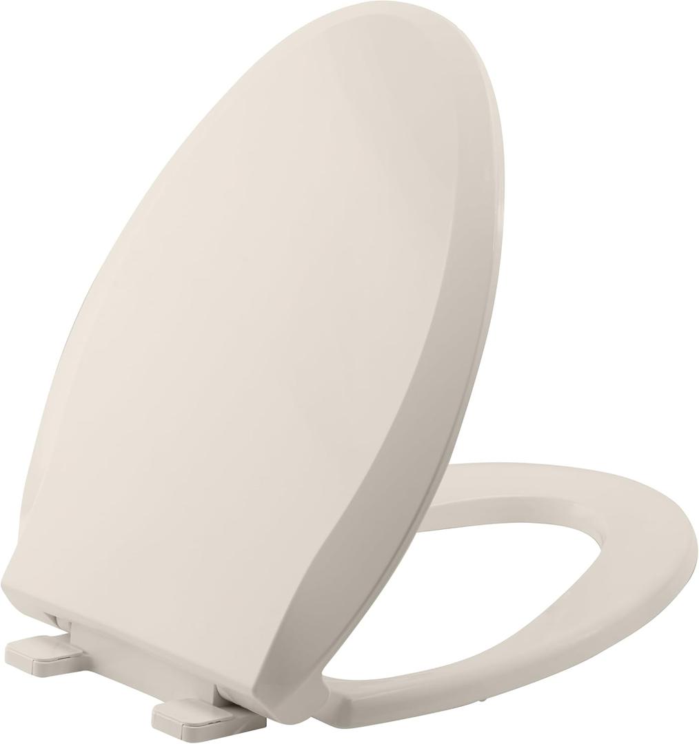 Durable Elongated Toilet Seat with Slow Soft Close - Easy to Install and Clean, Never Loosens - White, Fits Most Elongated Toilets Almond