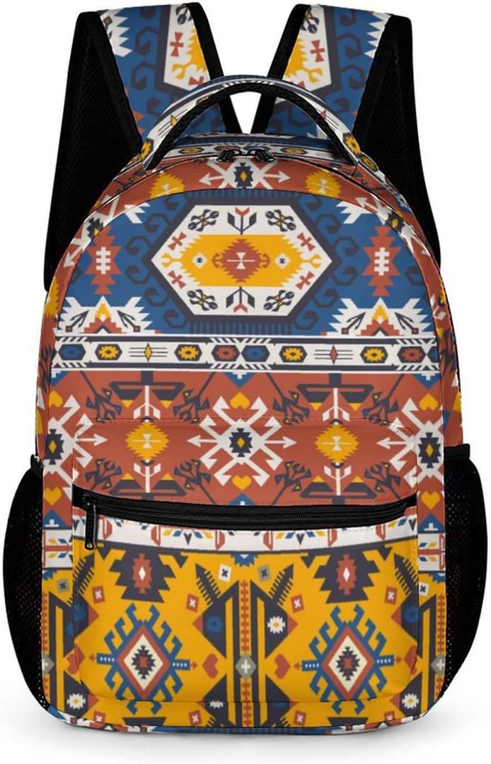 KOYI Western Backpack Bright Aztec Print Backpack for Kids, Vintage Tribal Ethnic Aztec School Backpack, Water Resistant Travel Laptop Backpacks for Girls Boys Teens, 16.5 Inch, Blue Yellow