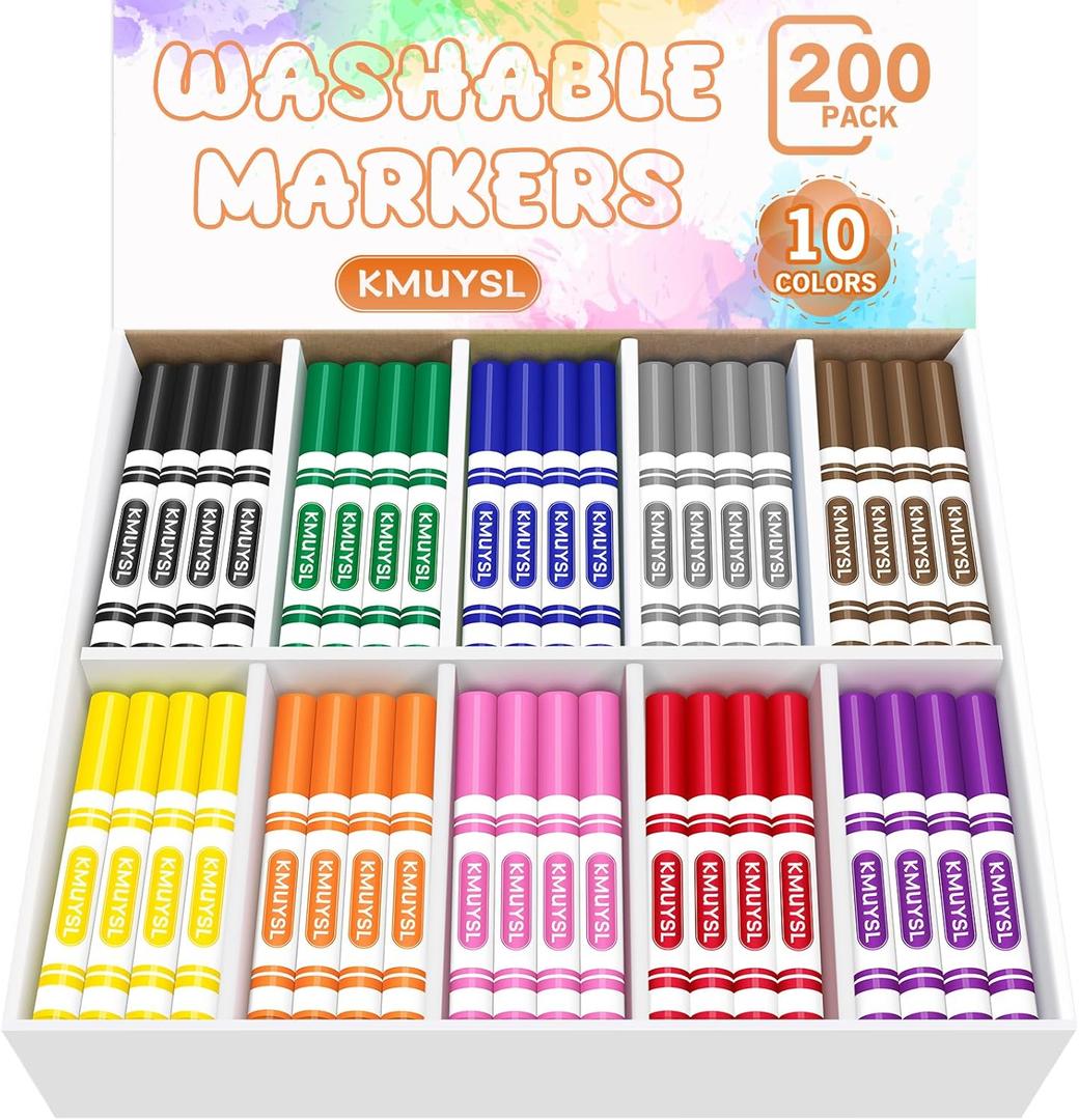 KMUYSL 200 Count Washable Markers Bulk, 10 Assorted Colors - Broad Line Conical Tip Coloring Markers for Kids, School Art Supplies & Back to School Supplies, Teacher Classroom Must Haves