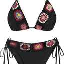 ZAFUL Women's Halter Triangle Bikini Set Crochet Boho Floral Swimsuit Cut Out Tie Side Two Piece Bathing Suit (1-Black, M)