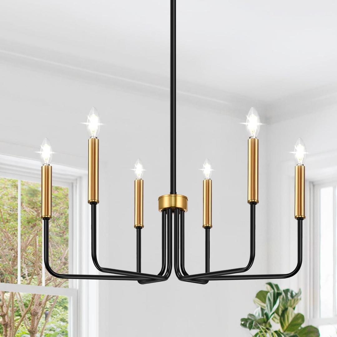 Black and Gold Chandelier, 6-Light Farmhouse Chandelier for Dining Room Lighting Fixtures Hanging, Dining Light Fixtures Industrial Modern Light Fixture for Bedroom, Foyer, Living Room and Entryway