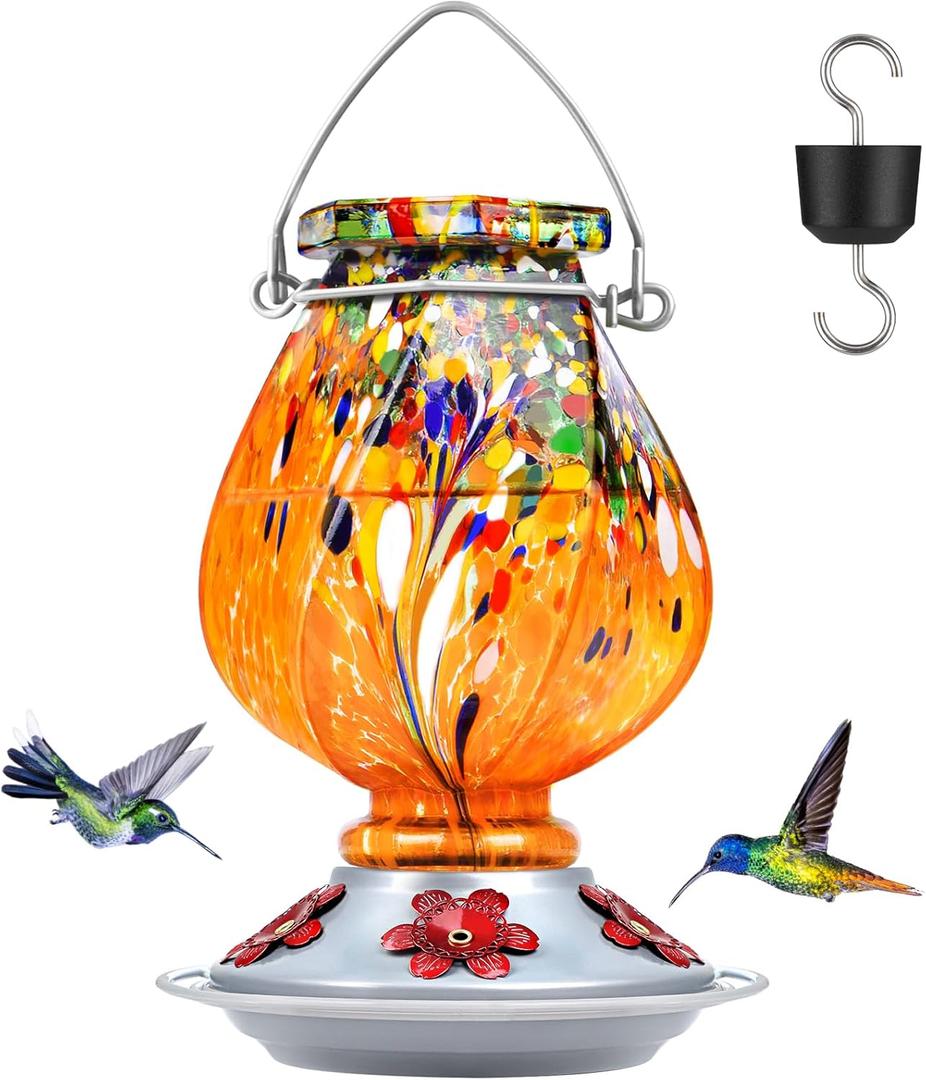 BOLITE Hummingbird Feeder, Hand Blown Glass Hummingbird Feeders for Outdoors Hanging with Ant Moat, 5 Bee-Proof Ports, Leak-Proof, 360 Perch, 22oz, Orange, Gifts for Women Men, Gifts for Mom Dad