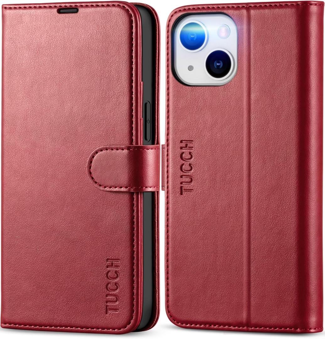 TUCCH Wallet Case for iPhone 13 Mini, RFID Blocking Card Slot Stand [Shockproof TPU Interior Protective Case], PU Leather Magnetic Flip Cover Compatible with iPhone 13 Mini 5.4-inch, Dark Red