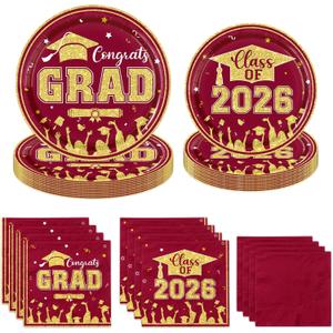 Graduation Decorations 2026 Maroon and Gold Red,Graduation Paper Plates and Napkins Party Supplies Set,200 Count,for College High School Congrats Disposable Party Dinnerware,Serves 50 Dessert Plates