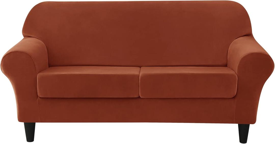 Stretch Sofa Slipcovers, Thick Velvet Sofa Covers for 2 Cushion Couch Soft Couch Cover Loveseat Sofa Covers Furniture Protector for Kids Pets (Medium, Burnt Orange)