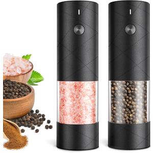 Rechargeable Salt and Pepper Grinder Set with LED Light, Adjustable Coarseness shakers, One-Hand Operation for Kitchen Appliances Christmas Gift Sets for Women(2 Pack Upgrade Black)