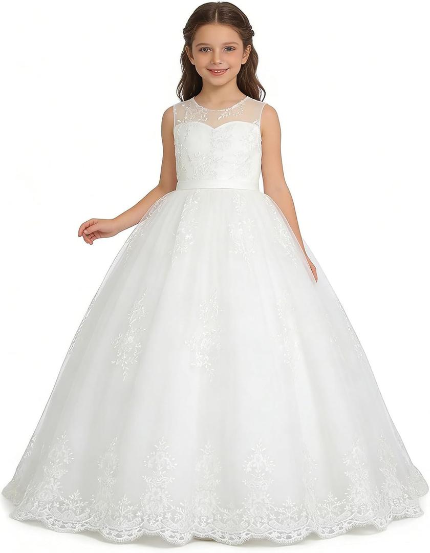 Flower Girl Dress for Wedding Lace First Communion Formal Dresses Kids Birthday Party Pageant Ball Gown (Size 8, 05 White)