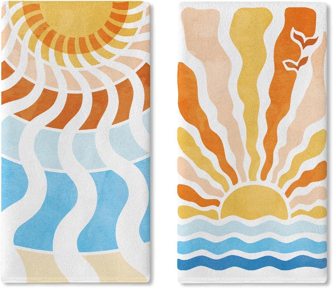 Watercolor Sun Sunshine Kitchen Dish Towels Set of 2, Boho Abstract Sunrise Sunset Sea Drying Hand Towel Baking Cooking Cloth, Spring Summer Ocean Bathroom Home Decoration 18'' x 26''