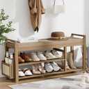 Homaxy 2-Tier Shoe Rack Bench with Side Holder, 39.4 in Bamboo Entryway Bench, Shoe Rack Organizer with Cushion for Front Entrance, Hallway Living Room Bedroom, Walnut and Light Brown
