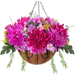 HyeFlora Artificial Mums Flowers Baskets for Outside Decoration, Fake Hanging Silk Fuchsia Flower, Faux Chrysanthemum Summer UV Resistant Realistic for Porch Yard Autumn Decor