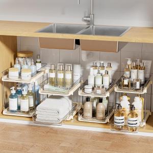 Delamu 2-Tier Multi-Purpose Bathroom Under Sink Organizers and Storage, Stackable Kitchen Pantry Organization, Pull Out Medicine Cabinet Organizer with Movable Dividers, Beige, 4 Pack