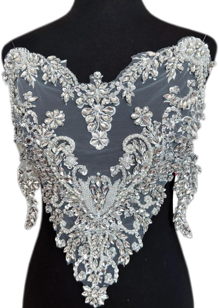 Luxury Full Great Rhinestone Applique Handmade Sparkly Large Silver Glass Crystals Bodice Diamond Patch for Wedding Dresses