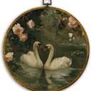 CUANFDDSF Vintage Floral Swan Round Wall Art, Classical Romantic White Swan Framed Hanging Wall Decor, Cottagecore Elegant Animal Canvas Prints Decorations for Home Bedroom Living Room, 10x10 Inch (Colour 02)