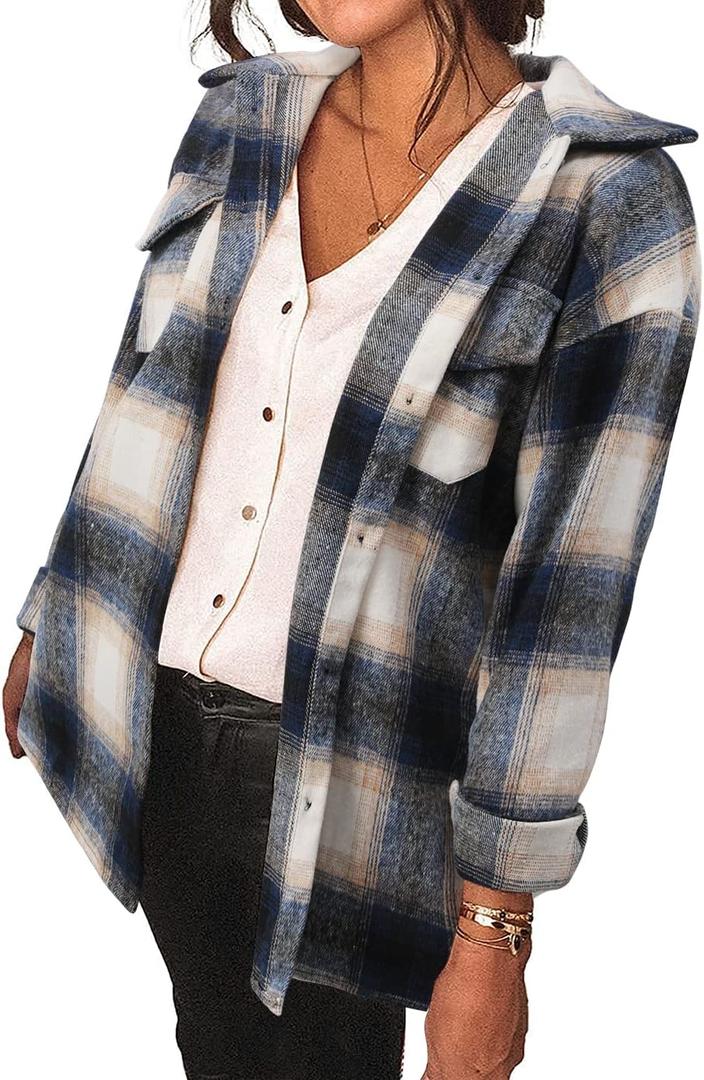 Women's Brushed Plaid Shirts Long Sleeve Flannel Lapel Button Down Cardigan Boyfriend Shacket Jacket Coats (Medium)