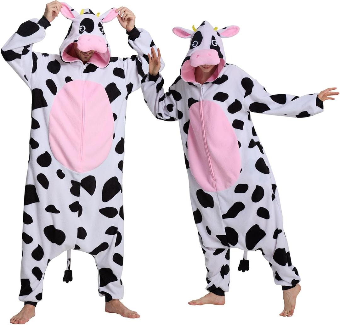 Unisex Adult Onesie Pajamas Animal Cosplay Halloween Costume One Piece Plush Sleepwear Homewear (Medium, Cow)