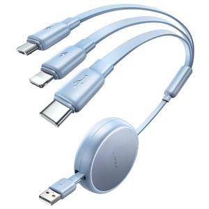 LISEN Multi Charging Cable 3 in 1 iPhone 16 Charger Cord, Retractable Car Charger Type C Cable, Retractable iPhone Charger Cord with Type C/L/Micro USB for iPhone/Samsung/PS/Kindle,Blue