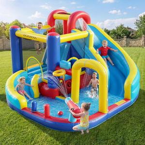 ELEMARA 10 in 1 Inflatable Water Slide Bounce House, Inflatable Bounce House with Blower, Dual Slides & Climbing Walls & Ring-toss Game & 2 Water Guns, Splash Pool, Blow up Water Slide with Blower