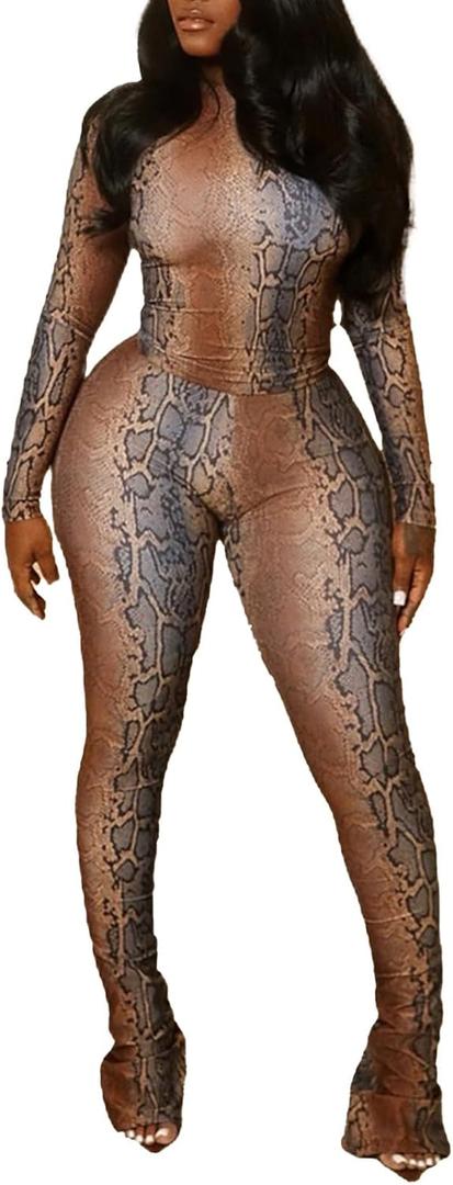 Womens 2 Piece Set Snake Print Crop Long Sleeve Top High Waist Flare Pants Out Going Club Sexy Outfit (Small, Brown)