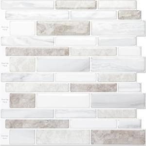 LONGKING 10 Sheet Marble Peel and Stick Backsplash for Kitchen, Self-Adhesive Tile Backsplash for Kitchen, Bathroom, 12" x 12", (Beige & White)