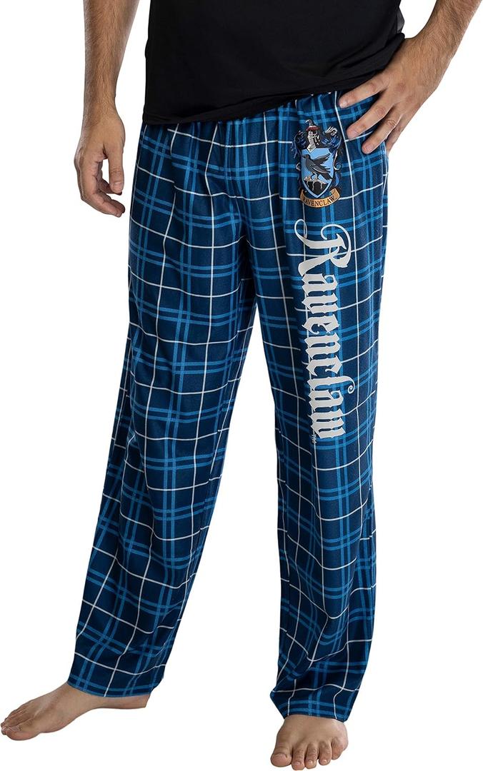 Harry Potter Men's House Crest Plaid Lounge Pajama Pants - All 4 Houses Gryffindor, Ravenclaw, Slytherin, Hufflepuff (Blue, M)