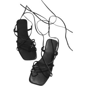 GORGLITTER Women's Summer Strappy Beach Sandals For Women 2025 Leather Lace Up Shoes (8, Black)