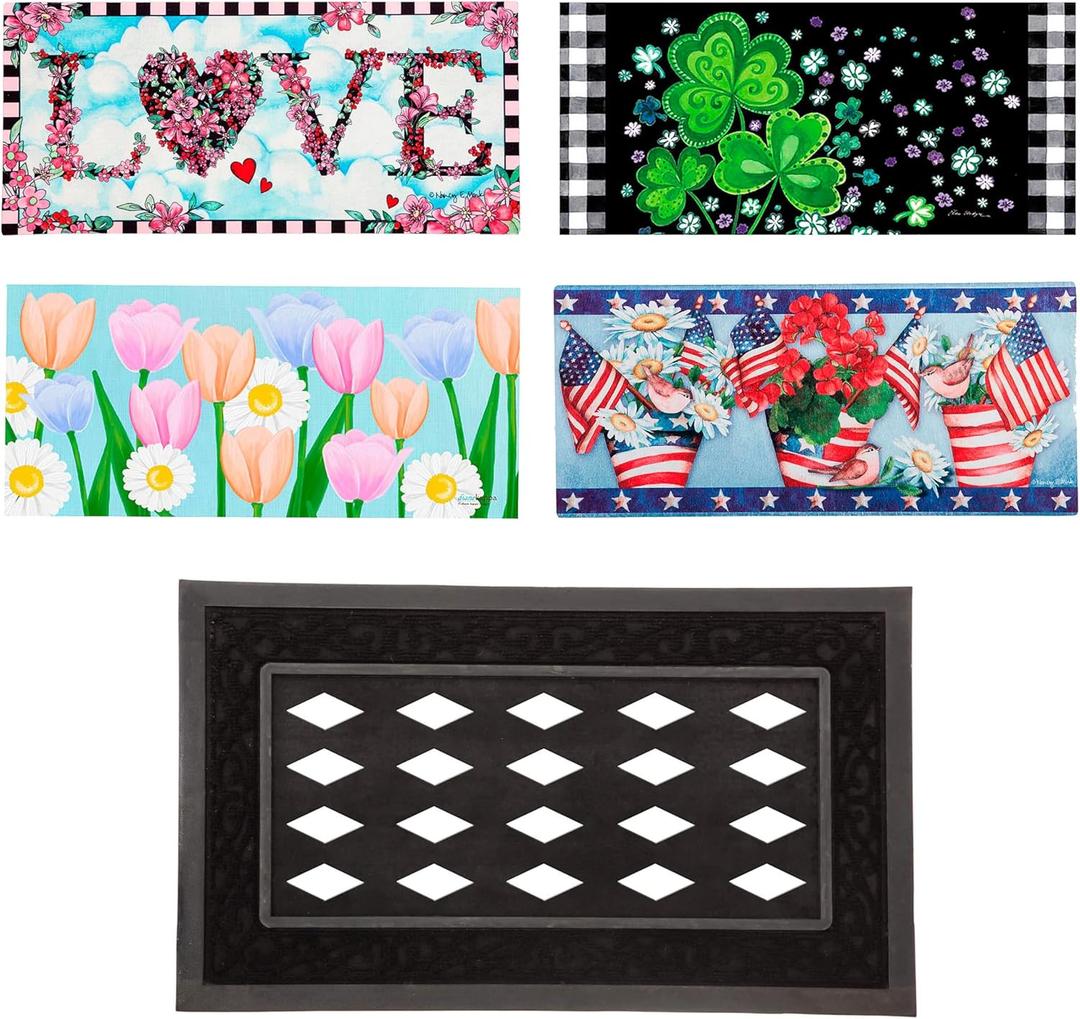 Evergreen Sassafras Spring Holiday Doormat Insert Bundle & Tray Set of 5, Interchangeable Entrance Door mats Indoor and Outdoor Welcome Mat 30 x 18 Tray Non Slip Backing Low Profile