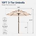 10ft Patio Umbrella, 3-Tier Vented Outdoor Table Umbrella with 8 Sturdy Fiberglass Ribs, Windproof Market Umbrella with Push Button Tilt and Crank, UV Protection for Deck, Pool, Beige