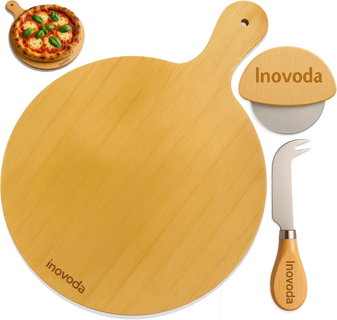 12" Wooden Pizza Peel | Pizza Cutting Board & Cheese Board with Cutter & Knife | Multipurpose Bamboo Cutting Board & Charcuterie Board For Pizza, Cheese, Fruits, Vegetables & Meat