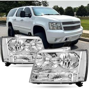 Headlight Assembly For 2007-2014 Chevy Tahoe 07-13 Chevy Avalanche Suburban 1500 2500 Head light , Replacement Head Lamp Set with Chrome Housing Clear Reflector