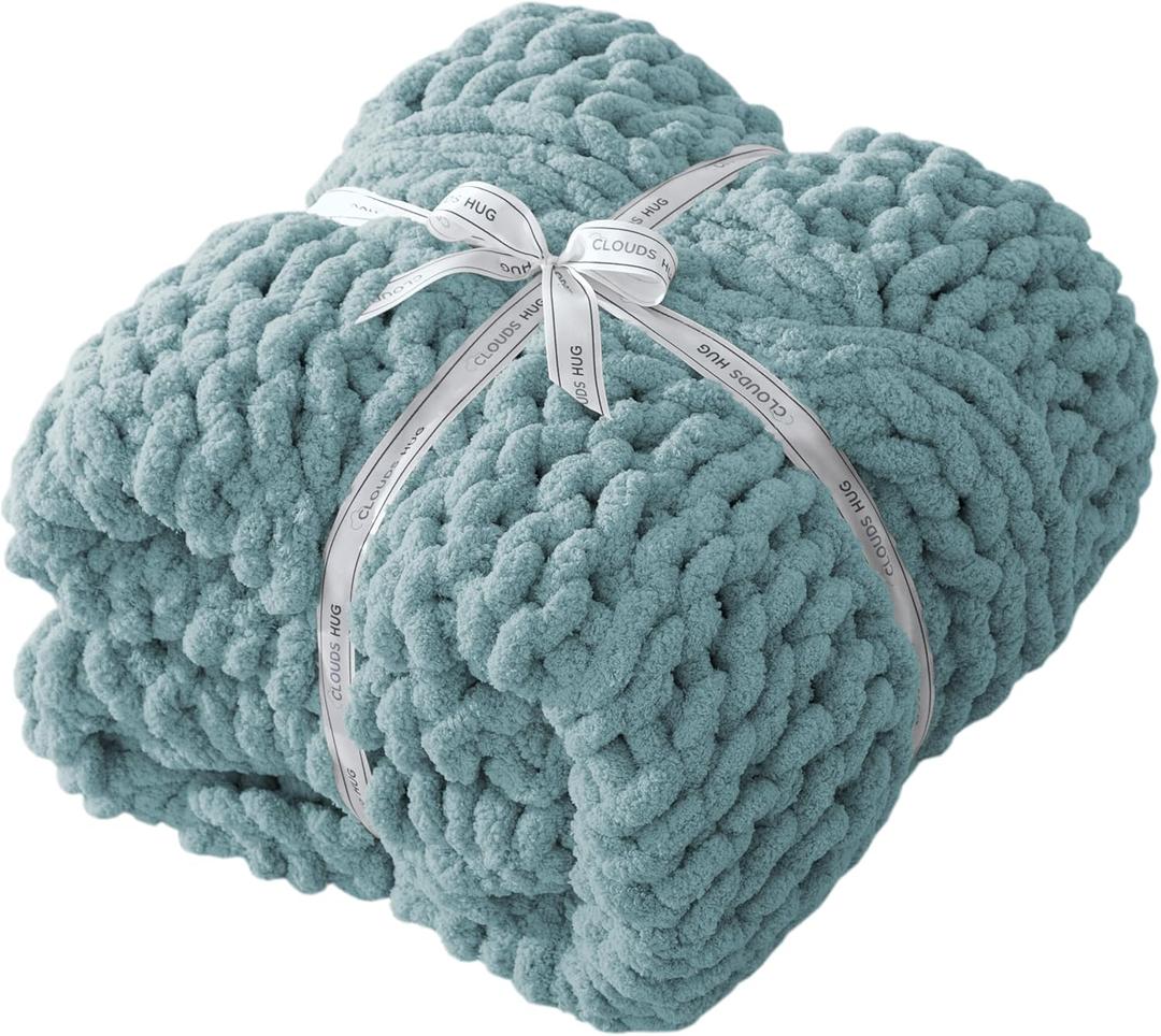 Chunky Knit Blanket Throw - 100% Hand Knitted Chunky Soft Throw Blanket for Couch, Thick and Warm Blanket for Winter, Blue, 40x50 Inches