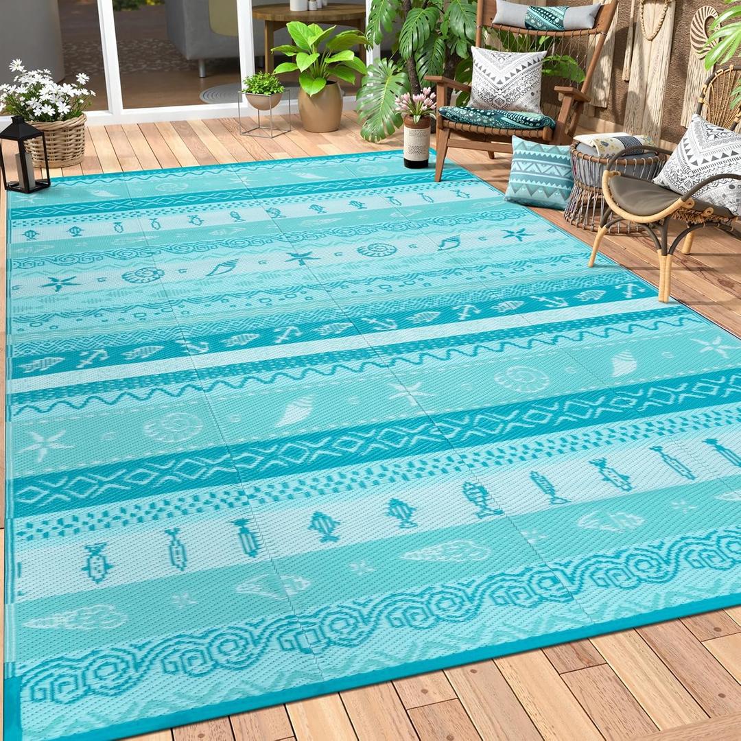 Lahome Outdoor Rug 8x10 Patio Waterproof, Reversible Outdoor Plastic Straw Rug for Camping, RV Patio Rugs Outside Large Carpet for Porch Deck Backyard Picnic(Blue/Multi,8'x 10')