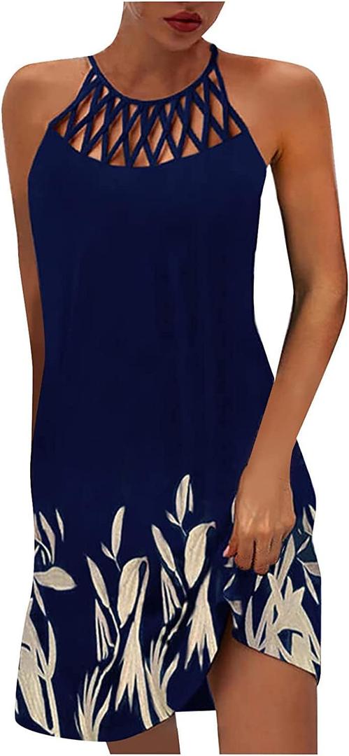 BIRW Summer Dresses for Women 2025 Casual Floral Halter Neck A-line Beach Vacation Sundresses with Pockets (Medium, Blue Plant)