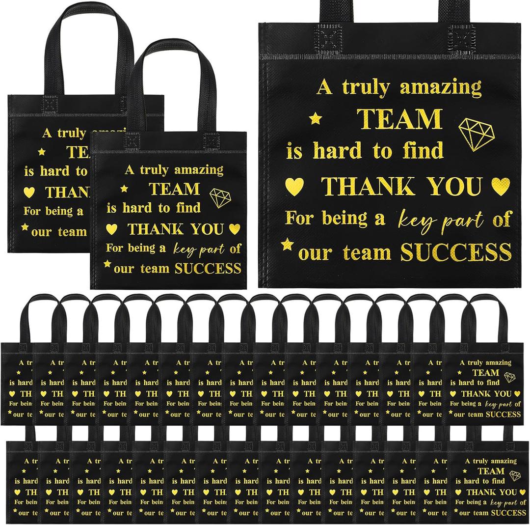 Clysee 50 Pcs Thank You Gift Bag Small Employee Team Appreciation Gift Bags Bulk with Handle Black Gold Inspirational 8 x 8 Inch Party Favor Staff Party