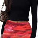 Oumrdeo Womens Sexy Mesh Ruched Bodycon Mini Skirt High Waist Adjust Drawstring Short Skort (Red, M)