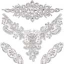 Geosar 4 Pieces Rhinestone Belt Applique Silver Wedding Crystal Rhinestone Trim Bridal Sequin Sash Applique Iron on Patch for DIY Crafting Women Prom Clothes Wedding Dress Decoration Headpieces