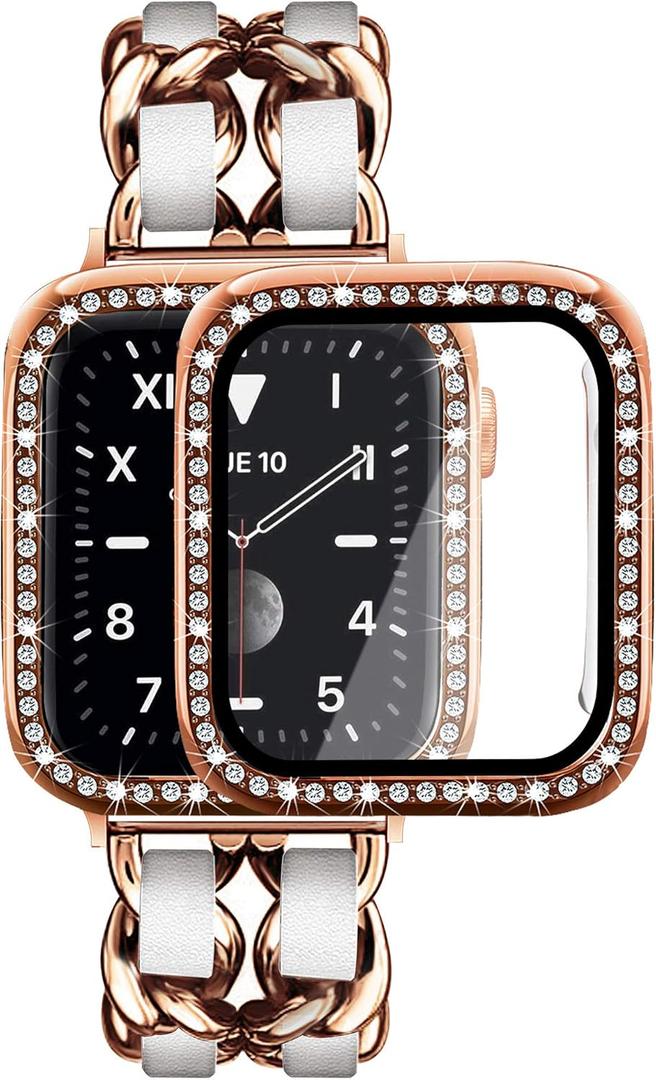 Mosonio Compatible for Apple Watch 41mm with Screen Protectors Case Women, Jewelry Bracelet Metal Bands with 2Pack Bling Case Cover for 41mm iWatch Series 9 8 7(Rose Gold Link with White Leather)