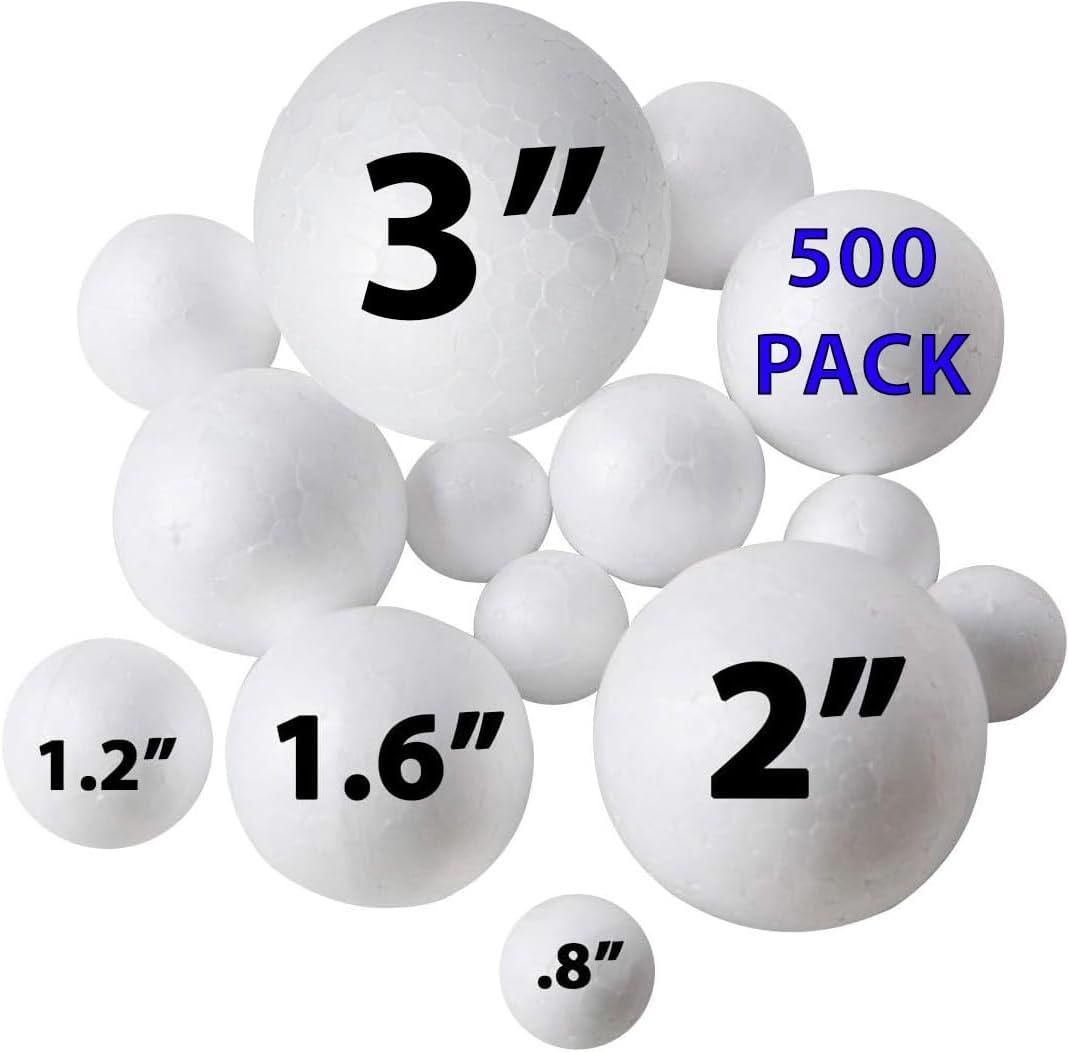 Bargain Paradise 500 Pack Ultimate Foam Balls Set  Large, Medium, Small Sizes - Round Craft Balls for School Projects, Planet Building, Custom Ornaments - 5 Sizes .8, 1.2, 1.6, 2, 3" Inches