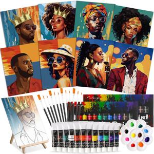 Cholemy 36 Pcs Paint and Sip Kit for Adults 8''x10'' Pre Drawn Canvas for Painting DIY Afro Acrylic Painting Kit Wood Easel Brushes Date Night Bulk for Mother's Day Party Gifts(Black Women)