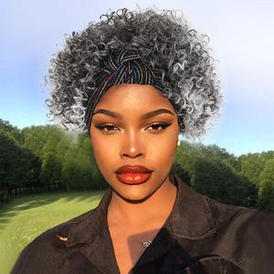 LEOSA Gray Headband Wig for Black Women Ombre Afro Kinky Curly Wig with Headbands Attached Synthetic Short Grey Afro Curly Hair Wig Head Wrap Wigs 2 in 1 Silver Headwrap Wigs