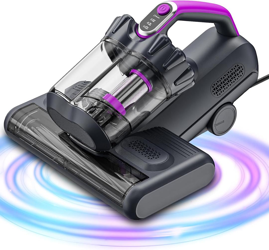 winterbear Mattress Vacuum Cleaner, 17Kpa Suction 500W High Power Handheld Roller-Type Bed Vacuum Cleaner with U-V-C Light & High Heating & Ultrasonic Tech, 2 * 30000Rpm Brush Rolls, Corded (Black)